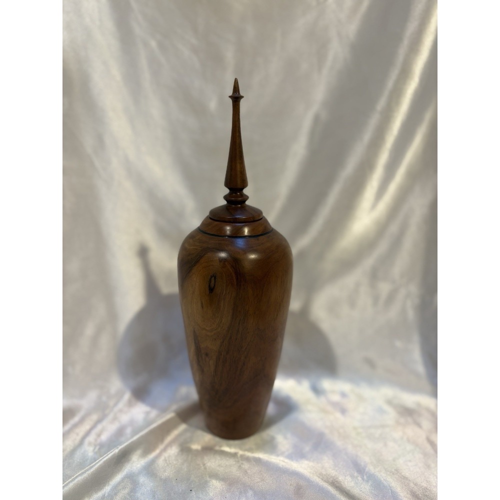 Vintage Hand turned Wood bottle ornate finial Signed Hawaiian Milo Original tag